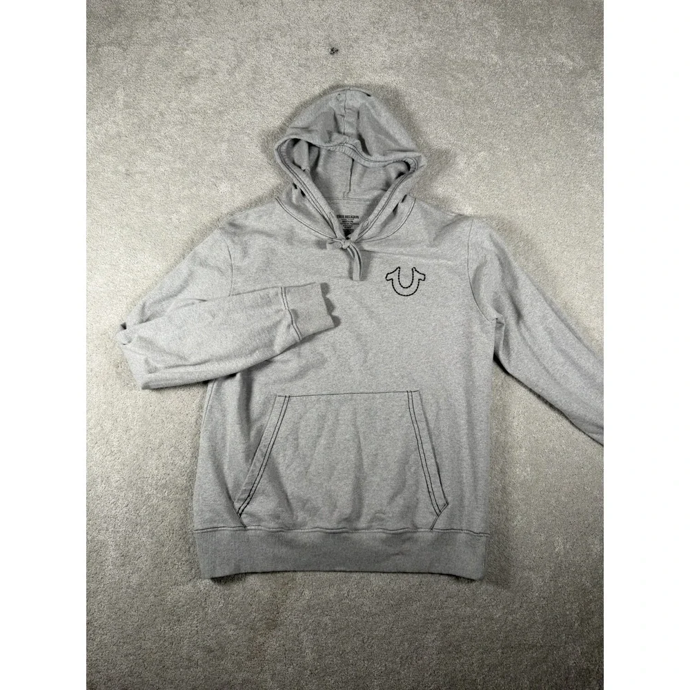 True Religion Hoodie Mens Medium Gray Terry Cloth Back Logo Black Stitching